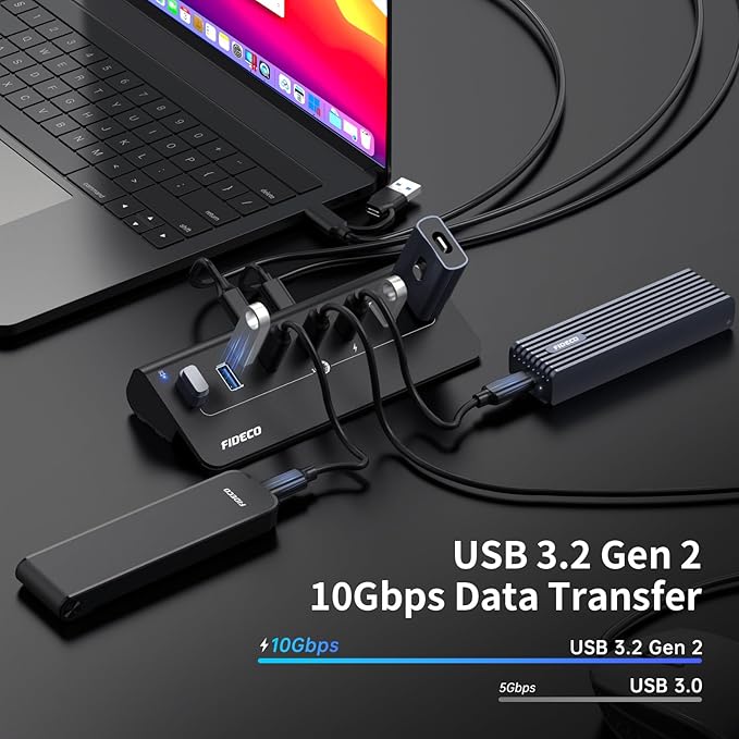 FIDECO Powered USB Hub, 7 Port USB 3.2 Gen 2, 10Gbps Fast Data Hub for iPhone 16/15 and Laptop, Aluminum USB Splitter with 5V 3A Power Adapter, 4 USB-A and 3 USB-C Ports, Support BC1.2 Charging