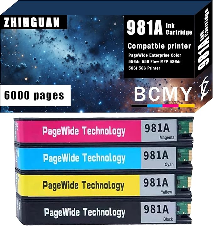Remanufactured 981A 981 Ink Cartridge Works for 981a Ink cartridges for PageWide Enterprise Color 556dn 556 Flow MFP 586dn 586f 586 Printer (4-Pack)