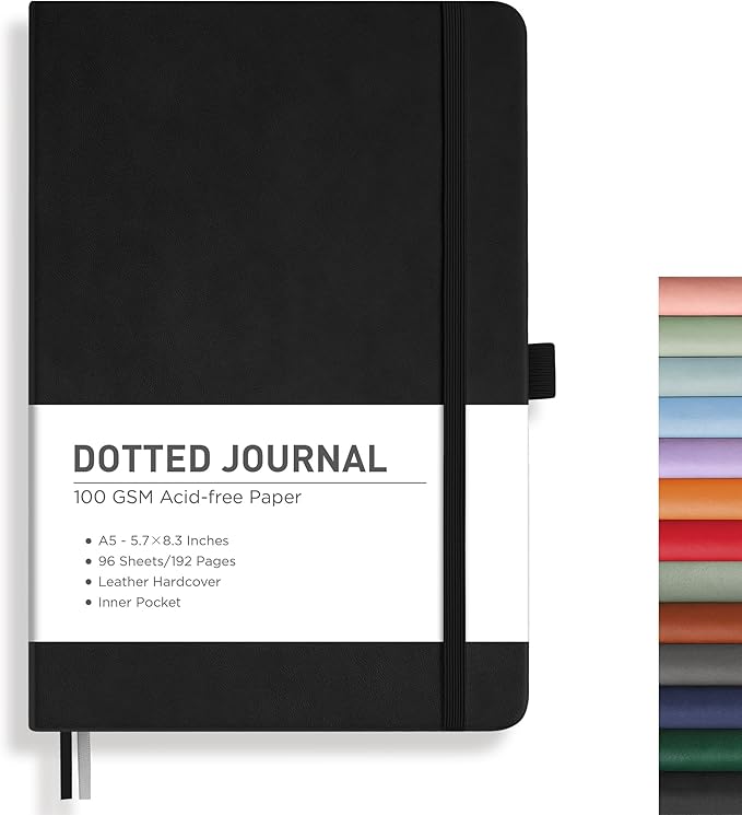 RETTACY Bullet Dotted Journal Notebook, 192 Pages, A5 Medium Size (5.7'' x 8.3''), Leather Hardcover, 100 GSM Thick Paper, for Bullet Journaling, Planning, Tracking (Black)