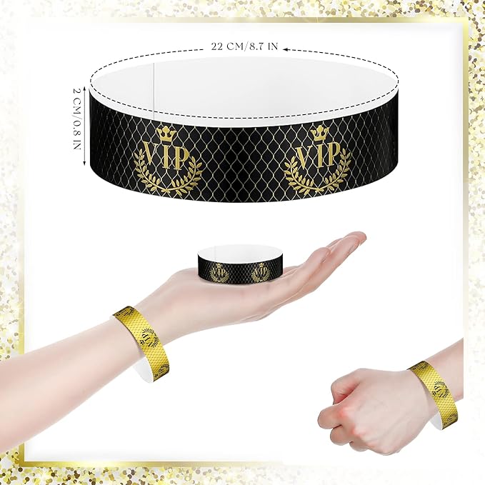 Jadive 500 Pieces Paper Wristbands VIP Plastic Waterproof Party Identification Wristbands Party Bracelets for Events Amusement Parks, Club, Concerts, Fairs, Festivals and Events(Black, Gold)