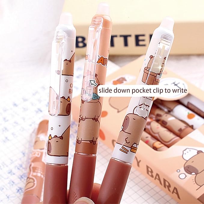 6 Pcs Erasable Gel Pens Capybara Erasable Retractable Cute Pens Cartoon Pens 0.5mm Black Ink Pen Office School Pens Women Girls Boys Pens (Black Ink-Capybara)