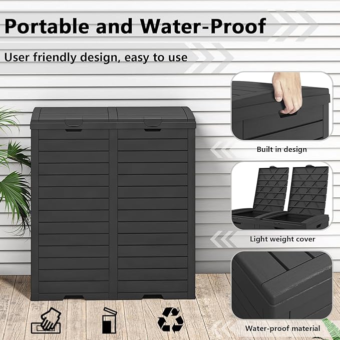 62 Gallon Outdoor Trash Can, Waterproof Garbage Can with Tiered Lid and Drip Tray, Resin Outside Trash Bin for Patio, Backyard, Deck