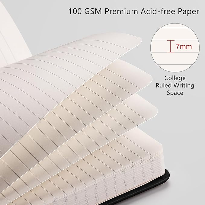 RETTACY Lined Journal Notebook, 2-Pack, 192 Numbered Pages per Pack, A5 Medium Size (5.7'' x 8.3''), for Men & Women, Writing, Work, Leather Hardcover, 100 GSM Thick Paper (Black & Black)