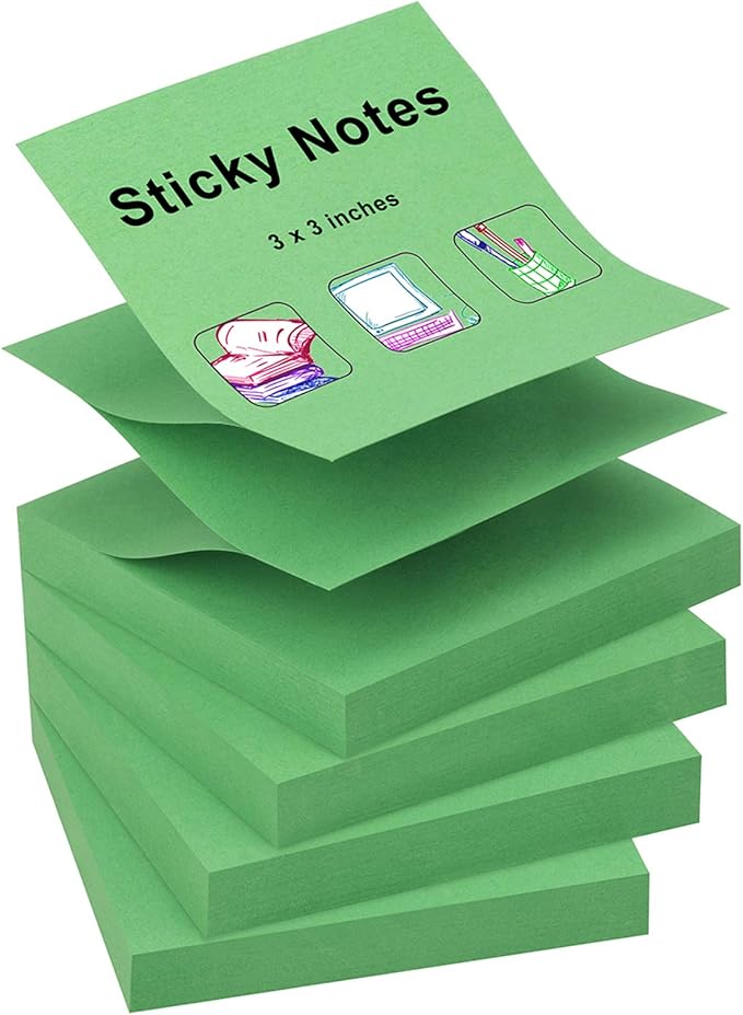 ZCZN 400 Sheets Pop-up Sticky Notes, 3 x 3 Inches, 4 Pads Bright Color Self-Stick Notes, 100 Sheets/Pad, Green