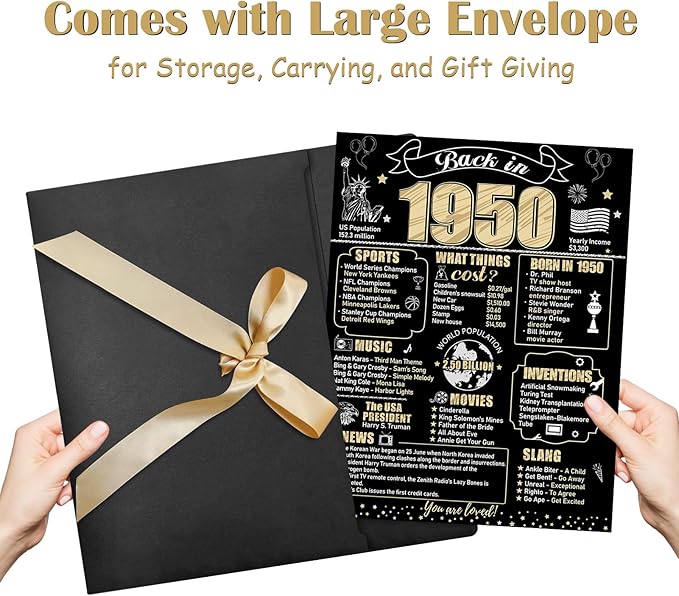 Large 75th Birthday Gift Card With Envelope for Men Women, 1950 Black Gold Happy 75th Birthday Giant Guest Signature Book Gifts, Big Vintage 75th Greeting Card Decoration Party Supplies