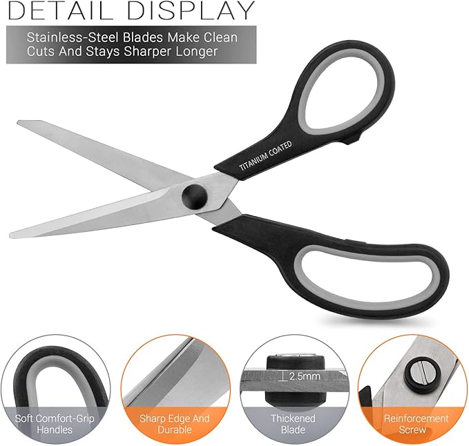 Scissors 8" Multipurpose Titanium Coated Sturdy Sharp Scissors Right/Left Handed Comfort-Grip Handles for Office Home School Sewing Fabric Craft Supplies Black