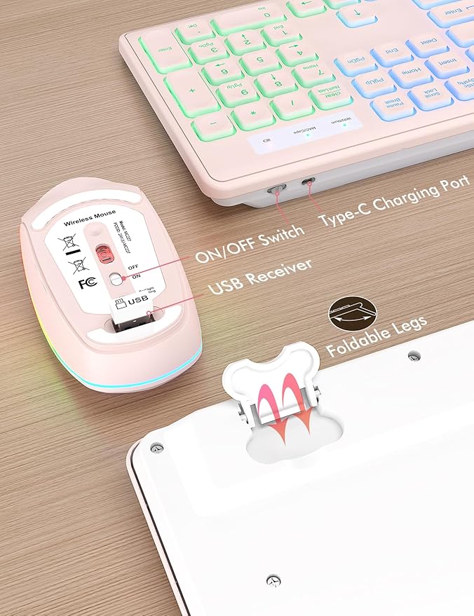 Wireless Keyboard and Mouse Combo - RGB Backlit, Rechargeable & Light Up Letters, Full-Size, Ergonomic Tilt Angle, Sleep Mode, 2.4GHz Quiet Keyboard Mouse for Mac, Windows, Laptop, PC, Trueque, Pink