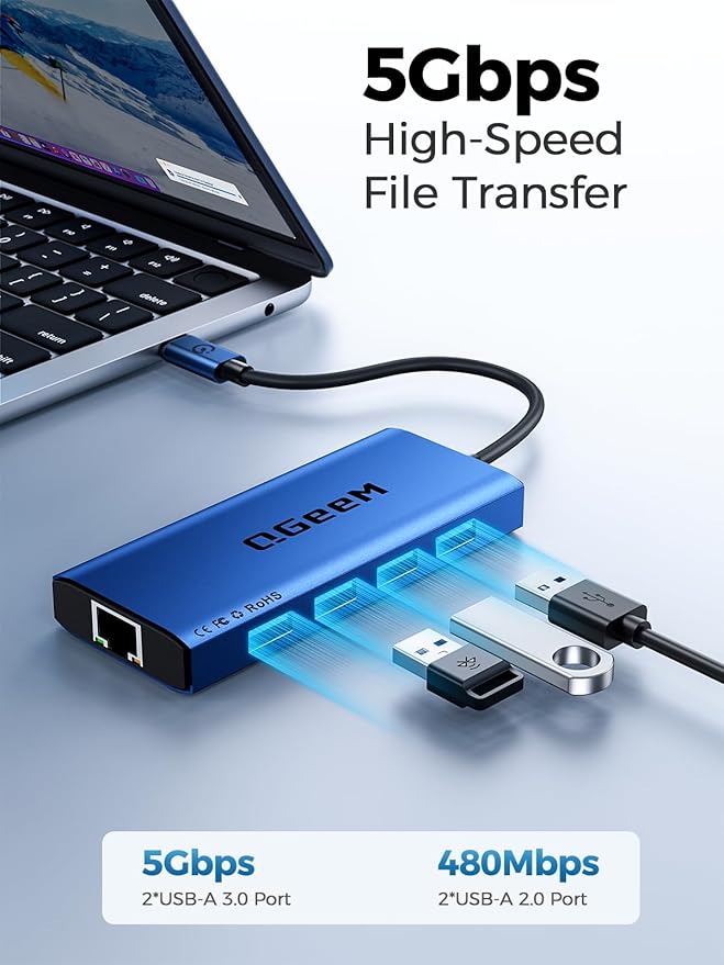 QGeeM USB C Hub Ethernet,9 in 1 USB Type C Hub HDMI Multi-Port Converter Adapter,100W Pd, USB 3.0,SD/TF Card Reader,Compatible for MacBook Pro Air Ipad HP Dell Lenovo Chromebook etc.-Blue