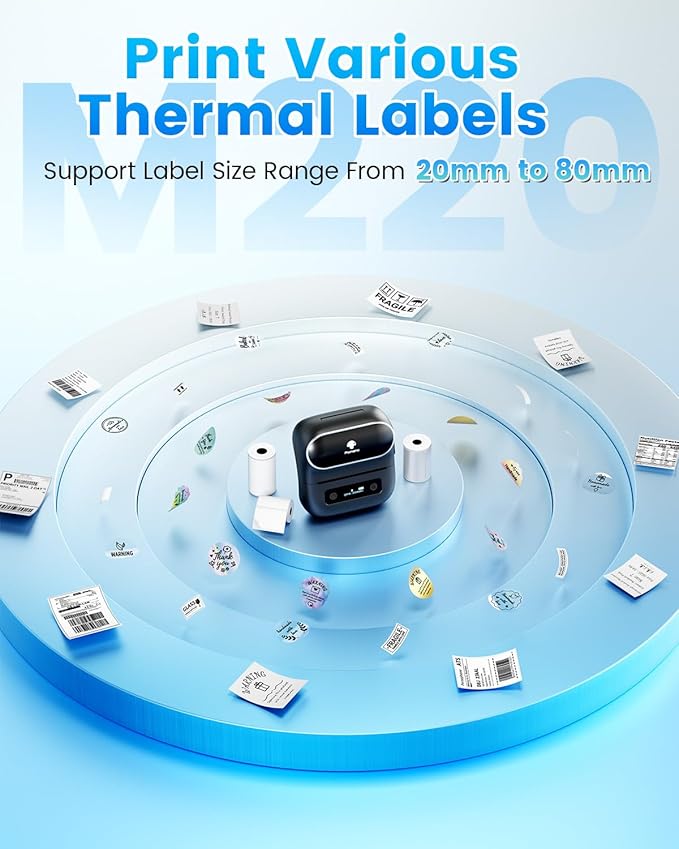 Phomemo Label Maker, M220 Thermal Label Printer, 80mm Portable Bluetooth Barcode Printer Compatible with Andriod/iOS for Home, Office, Small Business, with 3 Packs Label & Case