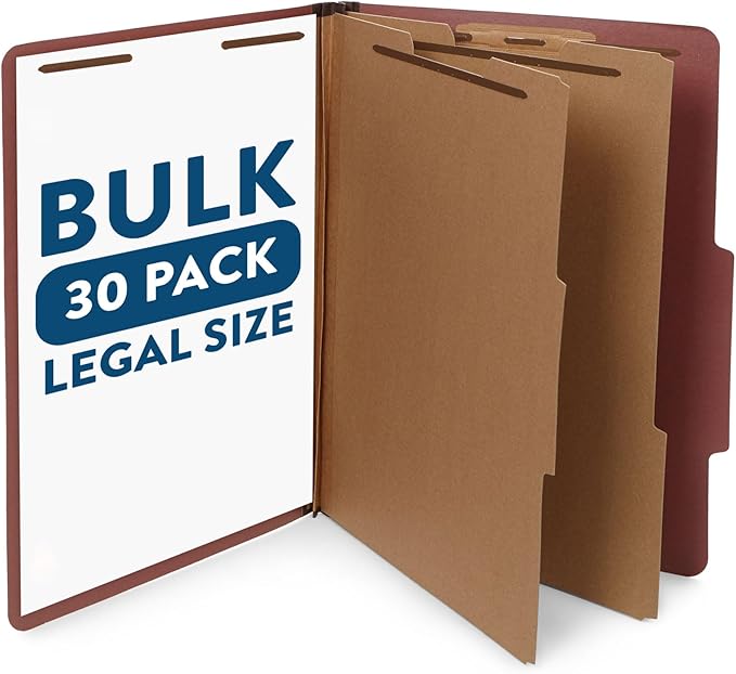 30 Legal Size Classification Folders, 2 Divider 2 Inch Tyvek Expansions, Durable 2 Prongs Designed to Organize Standard Law Client Files, Office Reports, 30 Legal Folders, Red Brick