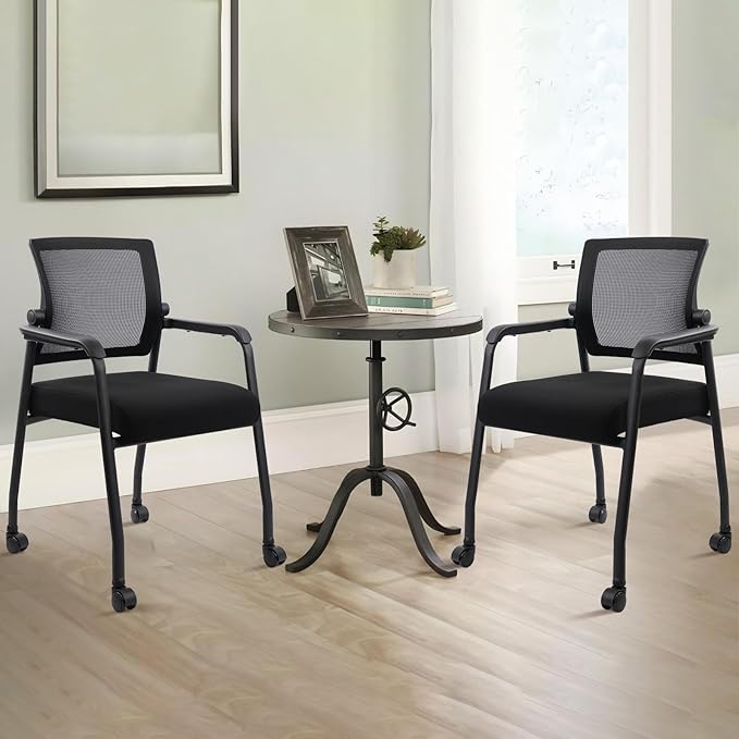 Waiting Room Chairs with Wheels, Adjustable Mesh Backrest, Desk Chair with Ergonomic Lumbar Support and Thickened Seats Cushion, 8 Pack Black