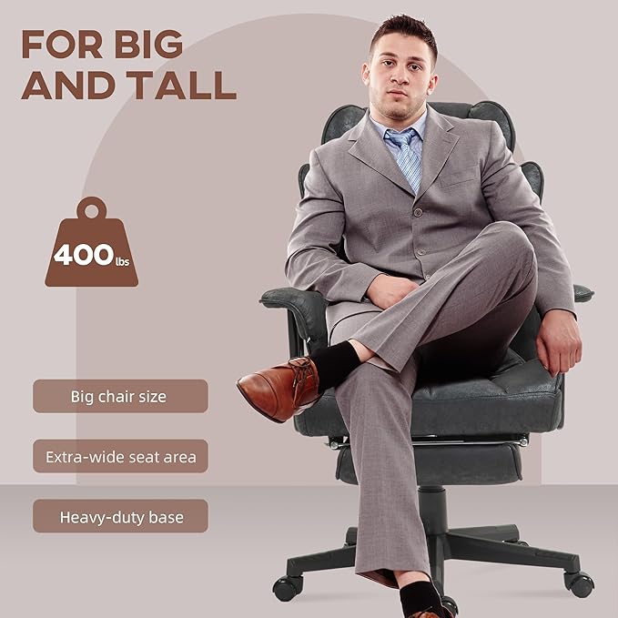 HOMCOM Executive Office Chair, 400LBS Big and Tall Office Chair with Foot Rest, Microfiber Computer Desk Chair with Lumbar Support, Reclining Function and Wide Seat, Black