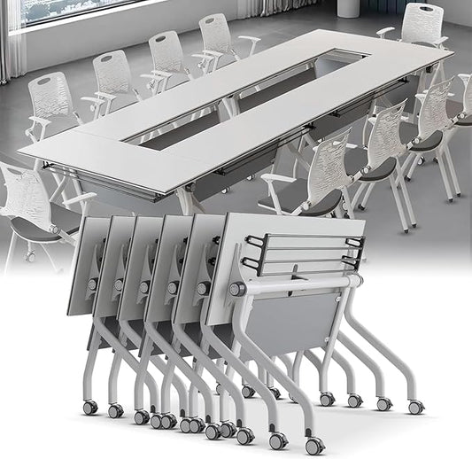 Conference Table, Folding Conference Desk Modern White, Seminar Table with Wheels, 2-10 People for Office, Meeting Break Room(6, 1606YH, 55IN)