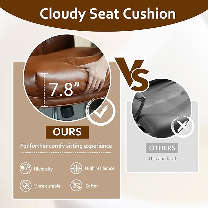 Faux Leather Executive Office Chair - Big and Tall Ergonomic Home Office Chair,Reclining Computer Desk Chair with Lumbar Support,Adjustable Task Chair Swivel Rolling PC Chair with Wheels,Browm,PU