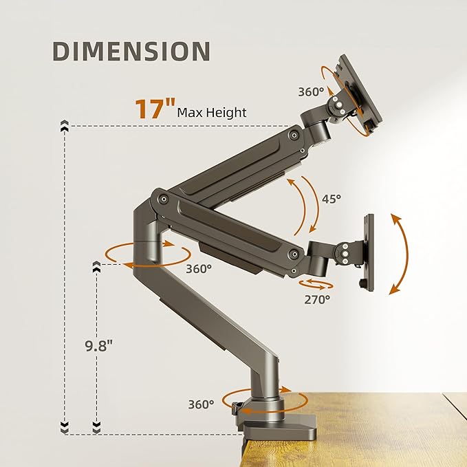 Claiks Dual Monitor Mount for 15-32 Screens, Ergonomic Gas Spring Monitor Arm for, Adjustable Computer Monitor Stand up to 40 lbs, with Clamp and Grommet Base, VESA Mounting Holes 75&100mm, Black