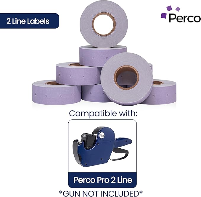 Perco 2 Line Lavender Labels - 8 Rolls, 1 Sleeve, 6,000 Blank Price and Date Gun Labels for Perco 2 Line Price and Date Guns - Made in USA