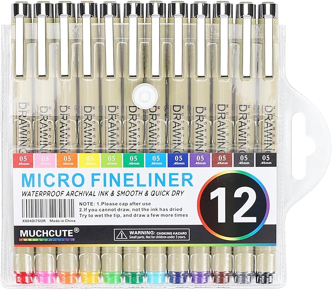 Muchcute 05 Micro Fineliner Drawing Art Pens: 12 Colors 0.45mm Extra Fine Point Bible No Bleed Smooth Journal Zentangle Study Supplies Colored Waterproof Line Ultra Needle Tip Fine liner Thin Gel Felt