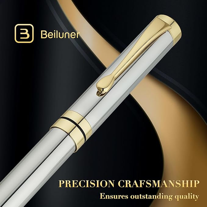BEILUNER Ballpoint Pens, Stunning Bright Silver Chrome Metal Pen with Golden Trim, Fancy Ball Pen Gift Set for Men & Women, Graduation, Executive, Office, Nice Gift Box with 0.5mm Black Spare Refill