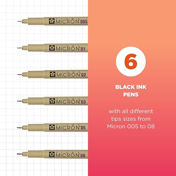 SAKURA Pigma Micron Fineliner Pens - Archival Black Ink Pens - Pens for Writing, Drawing, or Bullet Journaling - Assorted Point Sizes - 6 Pack