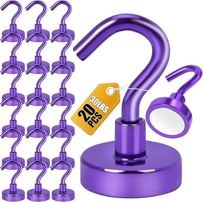 DIYMAG Magnetic Hooks, 30Lbs Strong Heavy Duty Cruise Magnet S-Hooks for Classroom, Fridge, Hanging, Cabins, Grill, Kitchen, Garage, Workplace and Office etc, (20 Pack-Purple)