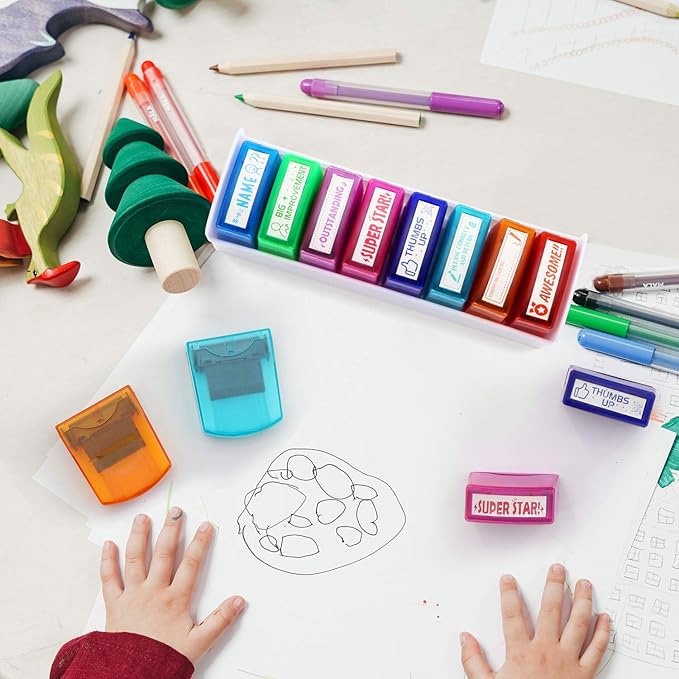 RELIANCER 8PCS Teacher Stamp Set,Colorful Self-Inking Motivational Classroom Stamper for Grading,Encouraging Rating Stamp Student,Parent Signature Stamps for Homework,School Homeschool Reward Supplies