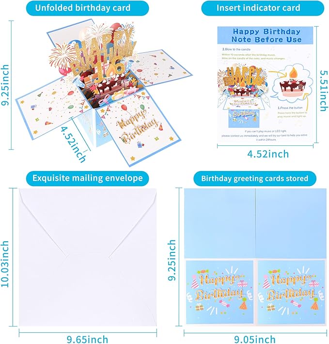Tnvee 16TH Birthday Cards with Lights & Music & Candle, 3D Pop Up Singing Happy Birthday Greeting Cards Gfits for 16 Years Old Girl Boy Daughter Son