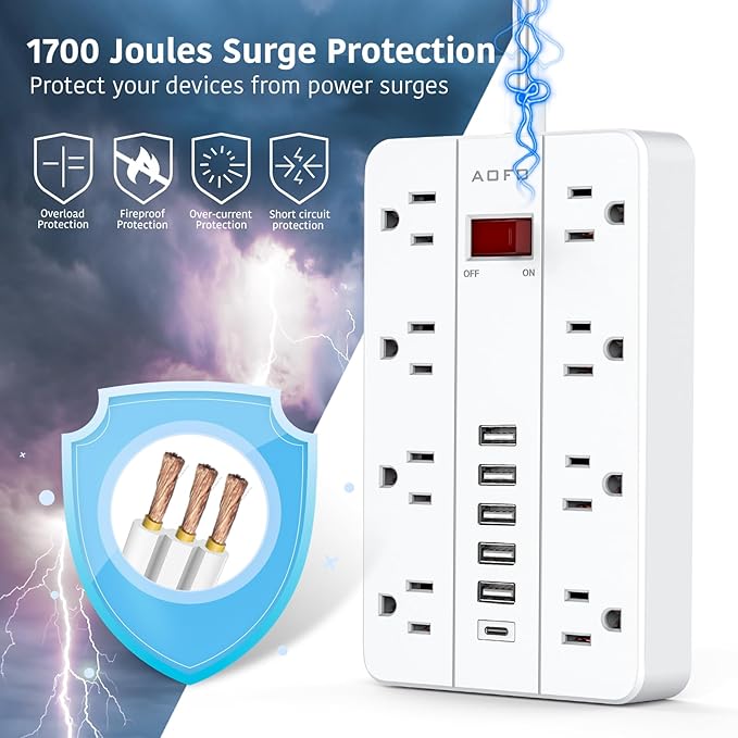 Power Strip Surge Protector with 6 USB (1USB C) Ports,AOFO 5 ft Extension Cord Flat Plug with 8 Widely Spaced Outlets,Wall Mountable Charging Station for Phone Tablet Laptop Computer Multiple Devices