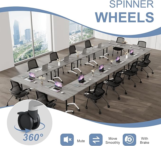 Folding Conference Table, Mobile Training Table for Office Conference, Modern Modular Rectangular Work Desk Meeting Seminar Work Tables with Caster Wheels, Large Breakroom Tables (2Pack L63in)