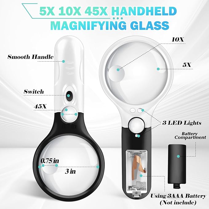 Compact Magnifying Glass with Lights,45X 10X 5X Small Handheld Lighted Magnifier, 3 LED Light Magnifying Glass for Reading Small Prints & Low Vision Seniors 2 Pack B&W