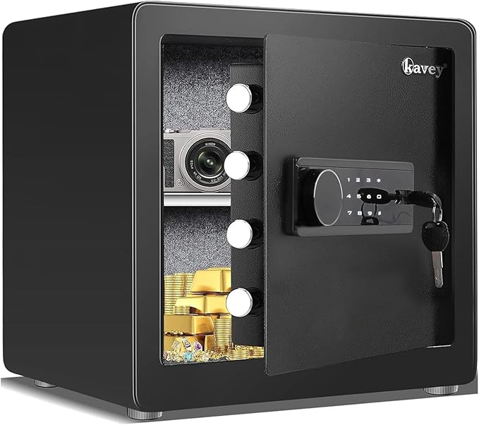 Kavey 1.6 Cub Home Money Safe with Digital Touch Screen Keypad and Sensitive Alarm System, Removable Shelf and LED Light for Money Jewelrys Documents Valuables, Small