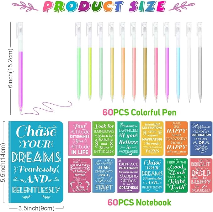 60 Pcs Mini Inspirational Notebooks Bulk with 60 Pcs Colorful Pens, Small Pocket Journal Notepads Set, Motivational Bulk Gifts for Women Men Teacher Student Kids,Fun School Office Supplies,3.5"x5.5"