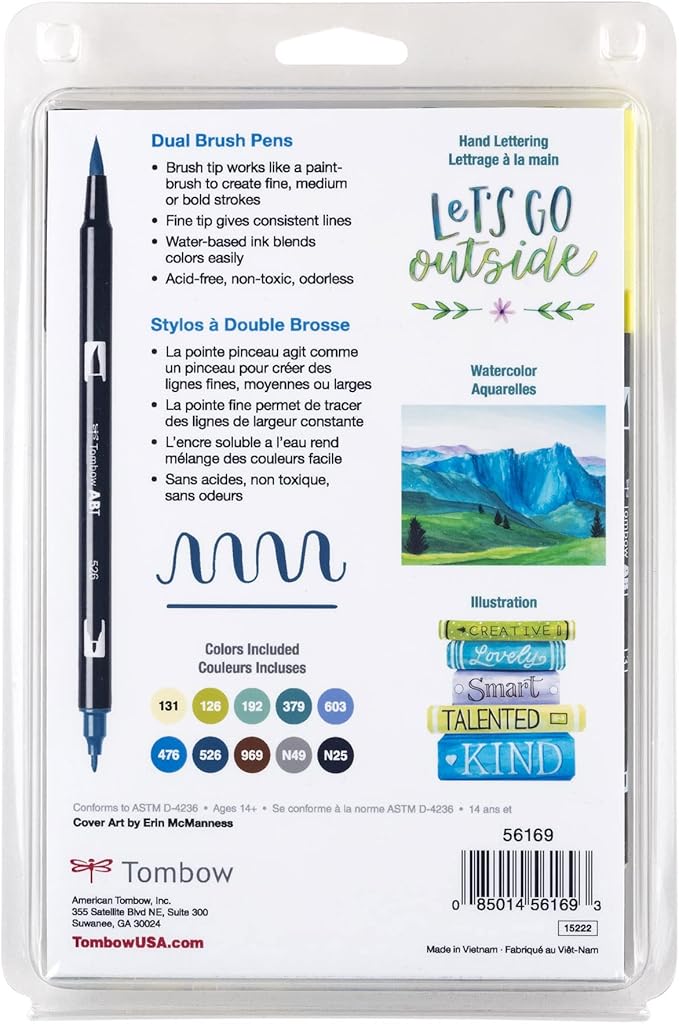 Tombow 56169 Dual Brush Pen Art Markers, Landscape, 10-Pack. Blendable, Brush and Fine Tip Markers