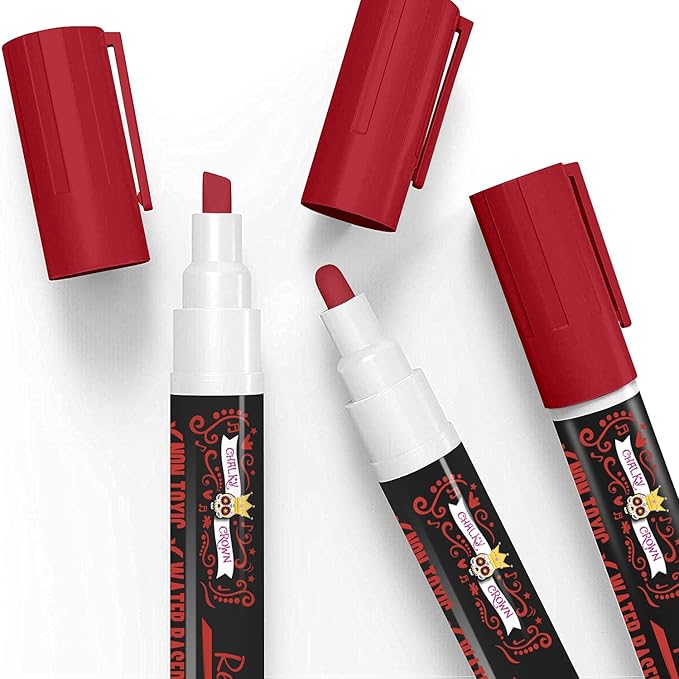 CHALKY CROWN Liquid Chalk Marker Pen - Dry Erase Marker - Chalk Markers for Chalkboard Signs, Windows, Blackboard, Glass - 6mm Reversible Tip (Red, 5 Pack)