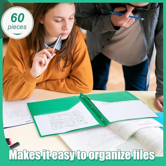 Yeaqee 60 Pcs Plastic Folders with Pockets and Prong Plastic Folders with 2 Pockets Pocket for Office, School for Students, Teachers, Office Workers (Green)