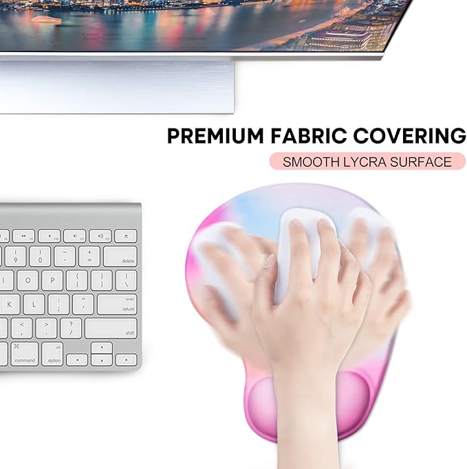 JIKIOU Mouse Pad, 2 Pack Ergonomic Mouse Pads with Comfortable Gel Wrist Rest Support and Lycra Cloth, Non-Slip PU Base for Easy Typing Pain Relief Durable and Easy to Clean Small Rainbow