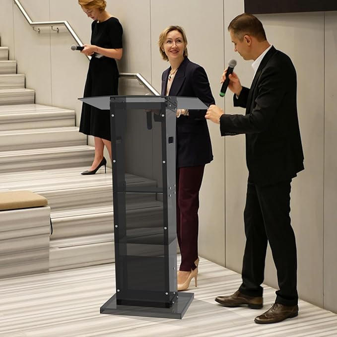 Acrylic Podium Stand with Storage Shelf,Segmented Black Lecterns & Podiums,Pulpits for Churches、Conference、Speeches、Weddings、Classroom、Concert,43" H Professional Presentation Podiums