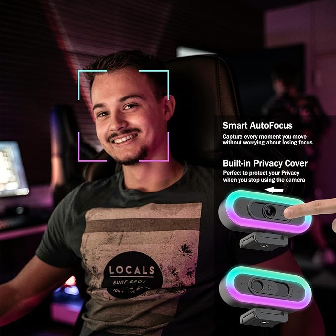 2K Webcam for PC, Plug and Play USB C Webcam with Dual Microphones,Ring Light,Fill RGB Light & Cover,Autofocus,65°FOV,1080P@60FPS, PC Web Camera for Desktop Computer Laptop Mac Zoom Streaming