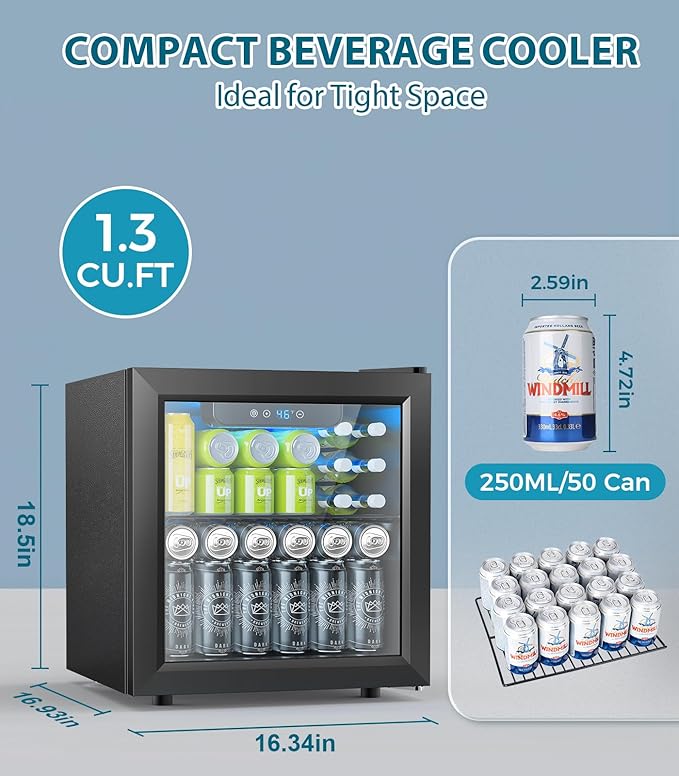 50 Cans Beverage Refrigerator Cooler, 1.3 Cu.ft Mini Fridge Countertop Drink Cooler with Glass Door for Beer, Soda,Wine, Adjustable Digital Temperature Control for Home Dorm Bar, Black