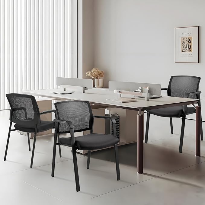 CLATINA Mesh Back Stacking Arm Chairs with Upholstered Fabric Seat and Ergonomic Lumber Support for Office School Church Guest Reception Black