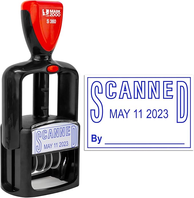 Self-Inking Rubber Date Office Stamp with Scanned Phrase - Blue Ink - 12-Year Band