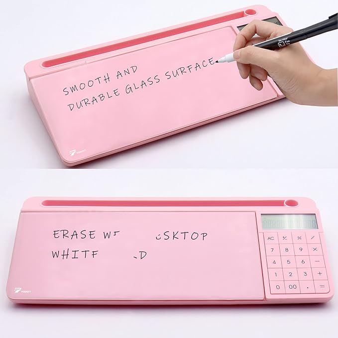 TOWON Desk Dry Erase Board with Detachable Calculator, Small Glass Desktop Whiteboard, Desktop whiteboard - Glass Dry Erase White Board- Desk Computer Buddy for Home Office Supply, Pink, 17 x 6 in