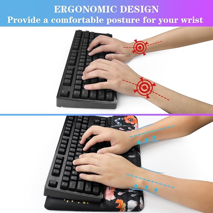 Computer Keyboard Stand with Wrist Rest, Ergonomic Tilted Keyboard Holder - Keyboard Riser with Wrist Pad - Keyboard Tray Support for Office Home - Black Flowers