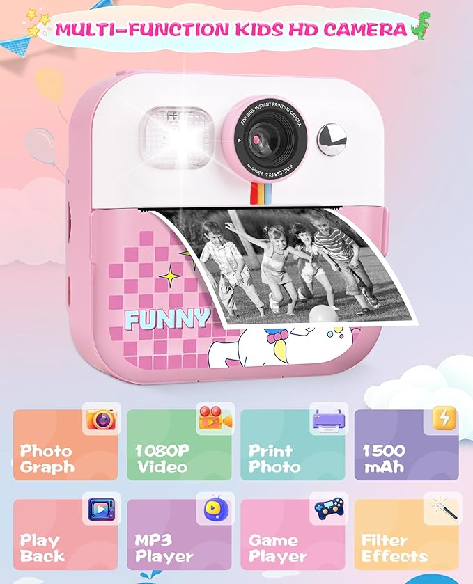 Kids Instant Print Camera, Upgrade Digital Camera for Toddlers Ages 3-12, 1080P HD Video Recorder with 32GB SD Card, 2.4" Screen, Birthday Gifts for 6-10 Year Old Girls Boys