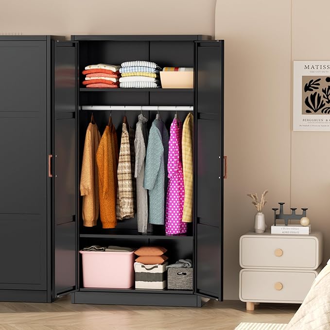 Greenvelly Metal Wardrobe Cabinet with Wooden Handle, 72" Black Metal Wardrobe Closet with Hanging Rods and Adjustable Shelves, Clothing Storage Closet Cabinet for Home, Office, Employee, Gym