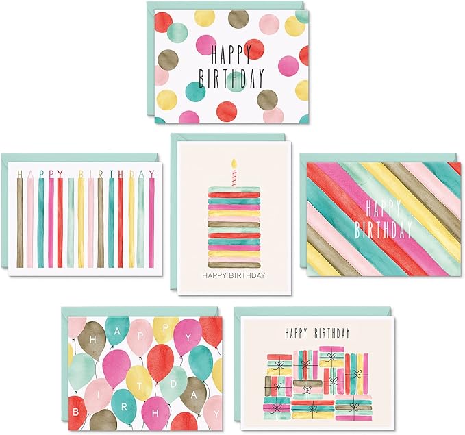 Watercolor Bulk Birthday Cards Assortment – 48pc Bulk Happy Day sheets with Envelopes Box Set – Assorted Blank Celebration Sheets for Women, Men, and Kids in a Boxed flyers Pack
