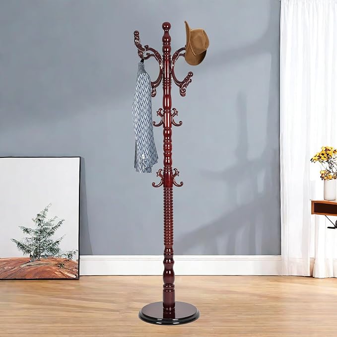 Solid Wood Coat Rack – 73" Freestanding Coat Racks Stand with 14 Hooks & Stable Round Base, Adjustable Height Modern Wooden Hall Tree for Entryway, Bedroom, Office, Home (Mahogany Round)