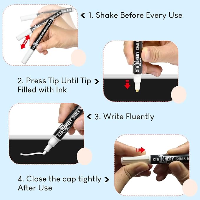 Stationery Island Liquid Chalk Pens White Markers for Blackboards Dry Erase Chalk Marker Pens Wipeable for Chalkboard, Window, Glass, Signs and Mirrors - 3mm Fine Bullet Nibs (White Pack of 4)