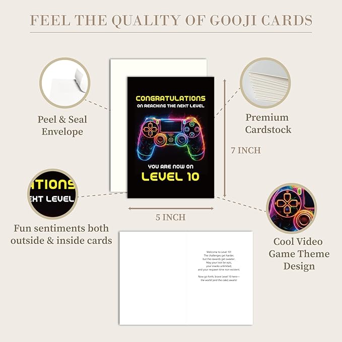 Gooji 5x7 Gamer Birthday Card for Boys and Girls - Level-Up Design for Ages 9, 10, 11, 12 - Perfect Gaming Party Greeting Card (10Y)