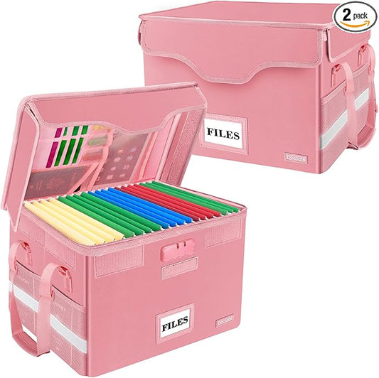 DocSafe File Box Fireproof Document Box with Lock,File Storage Organizer Box with Insert Pockets,Collapsible Portable File Box Home Office File Cabinet Safe for Hanging Letter/Legal Folder,Pink,2 Pack