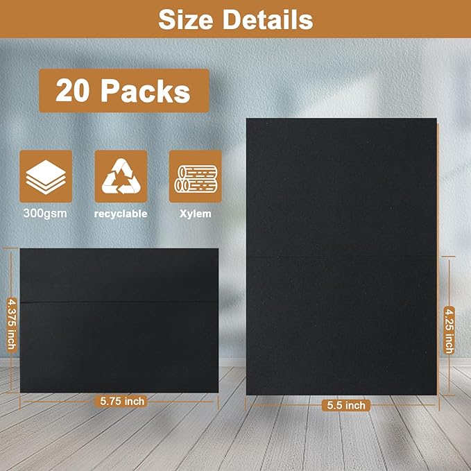 Black Blank Greeting Cards with Envelopes 4.25 x 5.5 Folded Cardstock and Printable A2 Envelopes Self Seal 20 Packs for Graduations, Invitations, Wedding, Thank You Cards & All Occasion